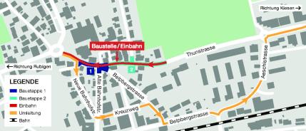 Planausschnitt mit Verkehrsignalisation wo die Thunstrasse gesperrt wird und wo sich die Umleitungen befinden