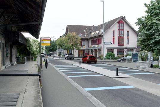 Visualiserung Ansicht der Kreuzung bei der Käsi mit blauen Querungszonen