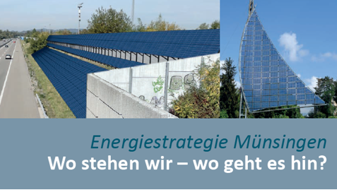 Visualisierung der Photovoltaikanlage an der Lärmschutzwand und dazu Symbolbild Sonnensegel. Energiestadt Münsingen: Wo stehen wir – wo geht es hin?